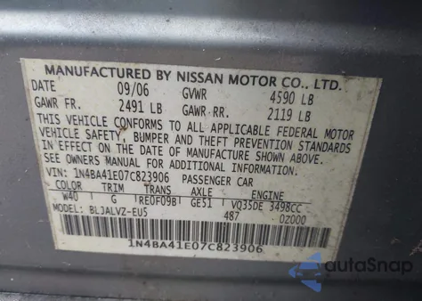 2007 Nissan Maxima 3.5 Se from USA, damaged, VIN 1N4BA41E07C823906
